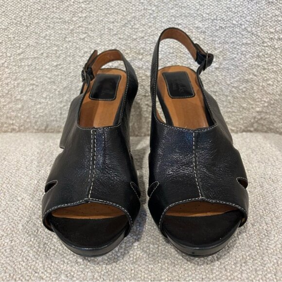 Clarks Artisan Splendor Lily Peep Toe Sandal Black Leather Slingback Block Heel - Picture 2 of 7